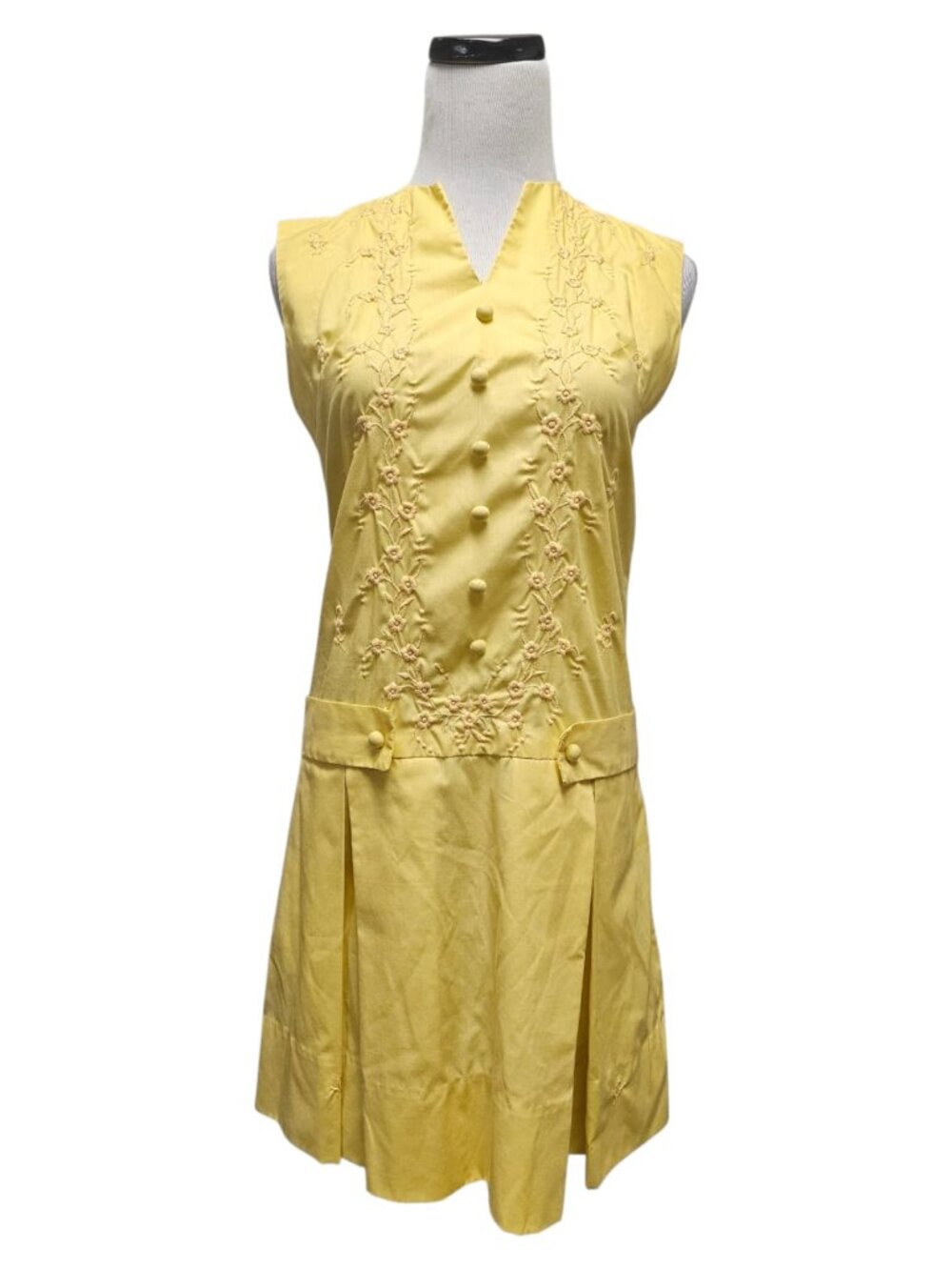 60s Tesoro's yellow embroidered drop-waist mod dress . fits S . Philippine made